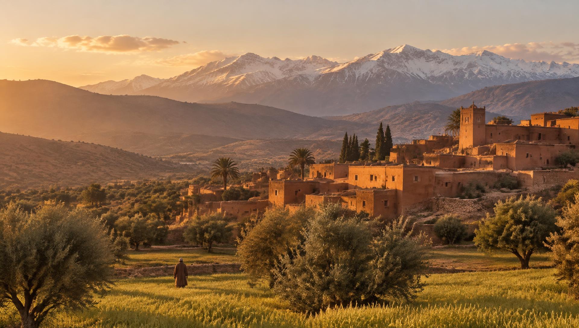 Illustration of a Moroccan douar beneath the Atlas mountains